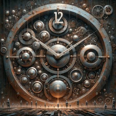 The primary subject of the image is a large, intricate clock with a metal design. The clock is surrounded by a group of people, some of whom are standing closer to the clock while others are further away. The setting appears to be a futuristic or industrial environment, with the clock as the central focus. The visual style of the image is a combination of digital art and illustration, creating a unique and captivating scene. The colors and mood of the image are dark and moody, with the clock and people serving as